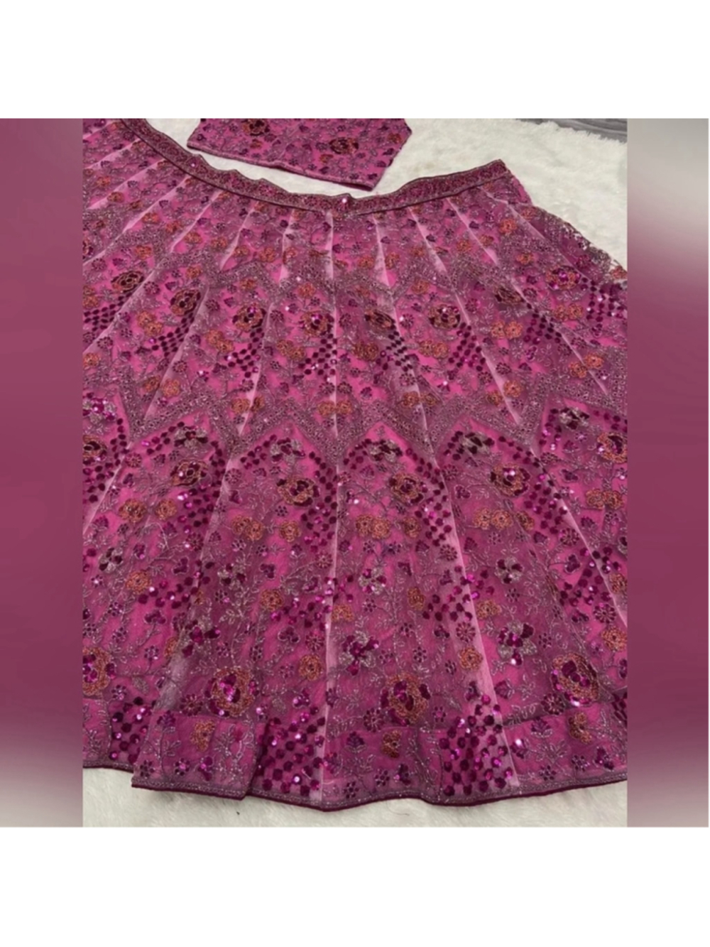 Rose Pink Net Sequins embroidered Flared Style Lehenga Choli - Picture 7 of 8